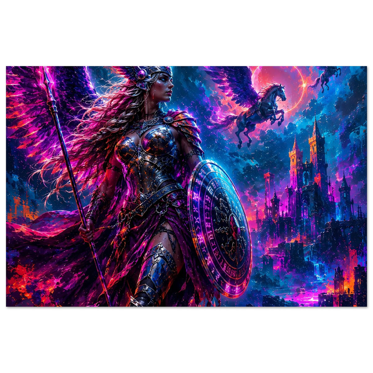Fantasy-Poster: Valkyrie-Kriegerin mit Speer und rundem Schild vor violettem Himmel