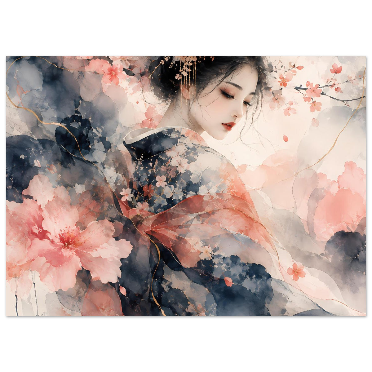 Breitformat-Poster mit Aquarellkunst: Kirschblüten, Frau im Profil und dunkle Blautöne