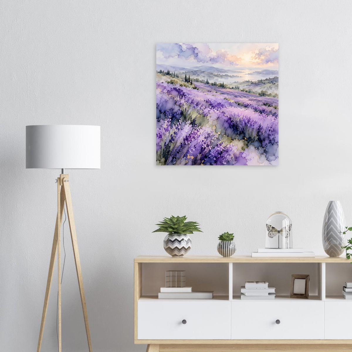 Quadratisch gerahmtes Lavendelfeld-Aquarellposter mit violettem Blütenmeer und warmem Himmel