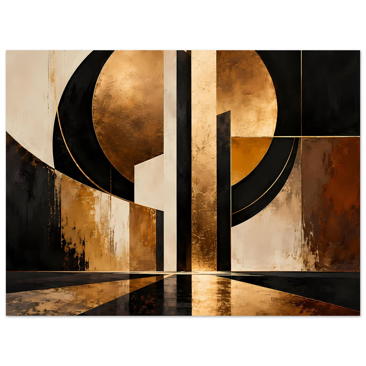 Abstraktes Gold-Schwarz Art Poster mit großen Kreisringen, senkrechter Leiste und dunklem Rahmen