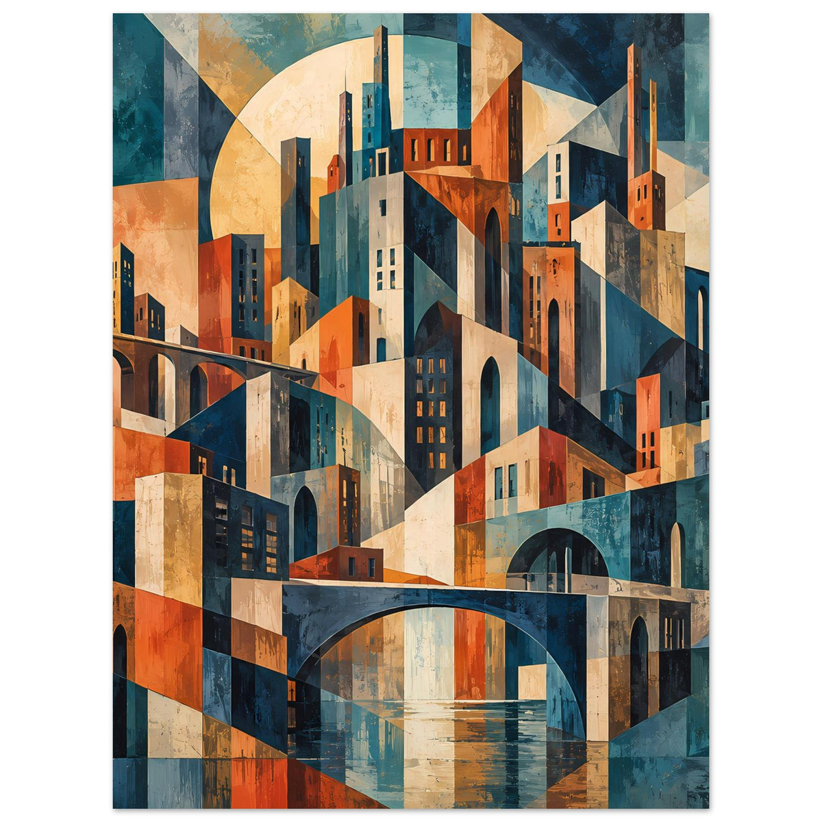 Geometrisches Stadtmotiv-Poster, warmes Blau-Orange mit Bogenbrücken