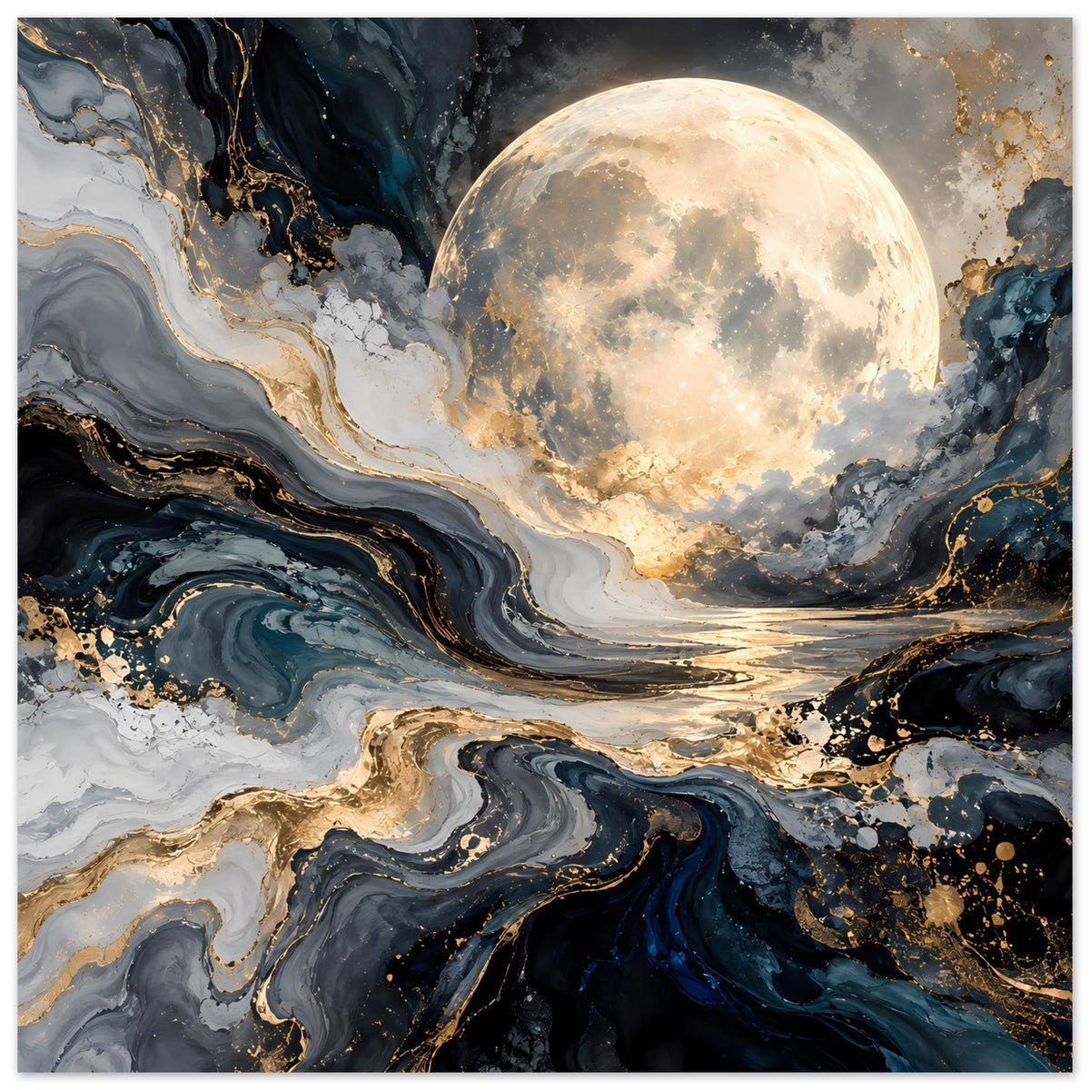 Querformat-Poster mit Mond über fließenden, marmorierten Bahnen in Dunkelblau und Gold