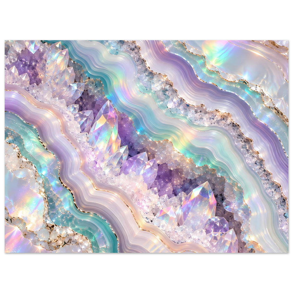 Holografisches Geode-Poster, Nahansicht mit lila Kristallspitzen, weißen Schichten und regenbogenartigem Glanz