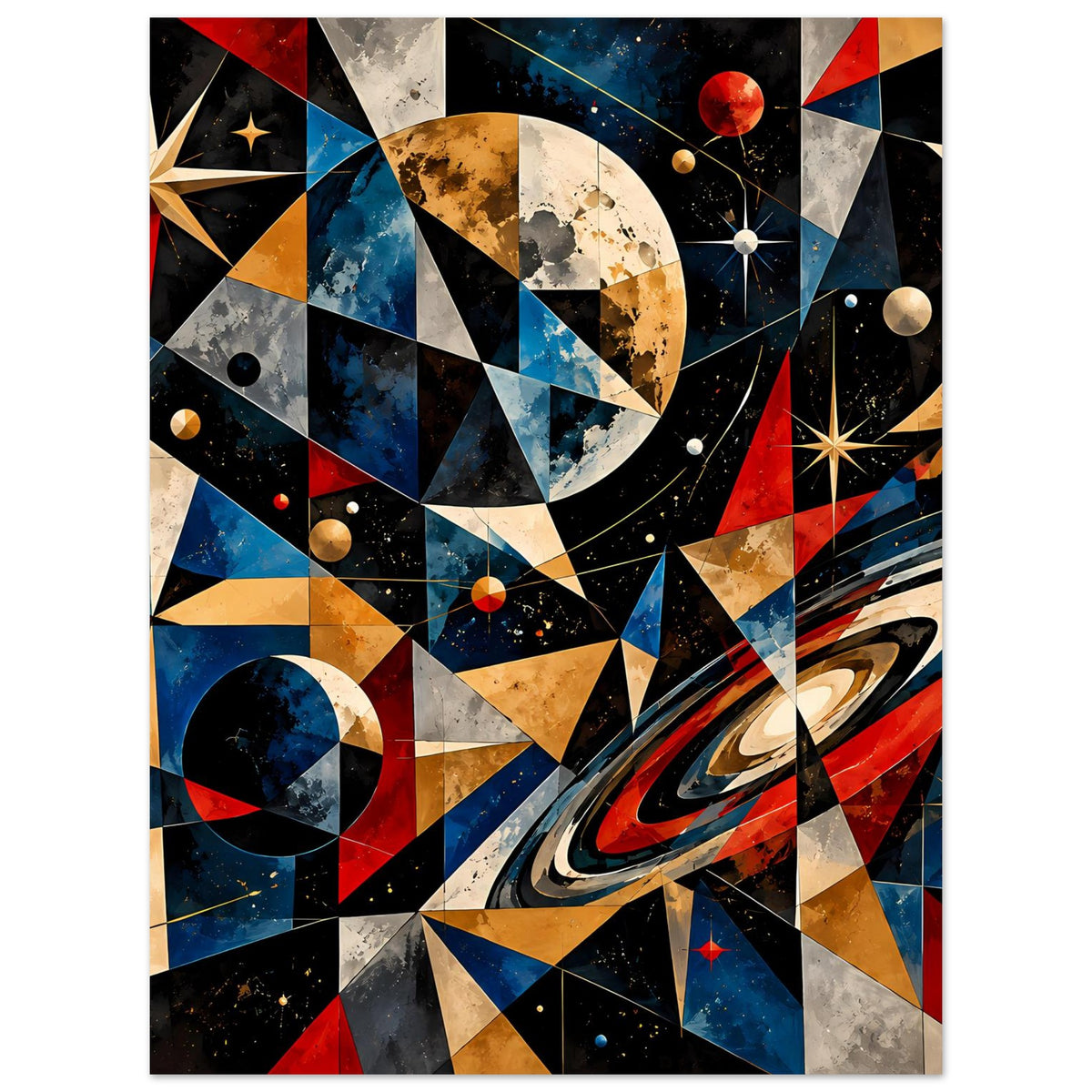 Poster mit abstrakter Kosmos-Geometrie: Dreiecke, Planeten, Sterne in Blau, Rot und Gold.