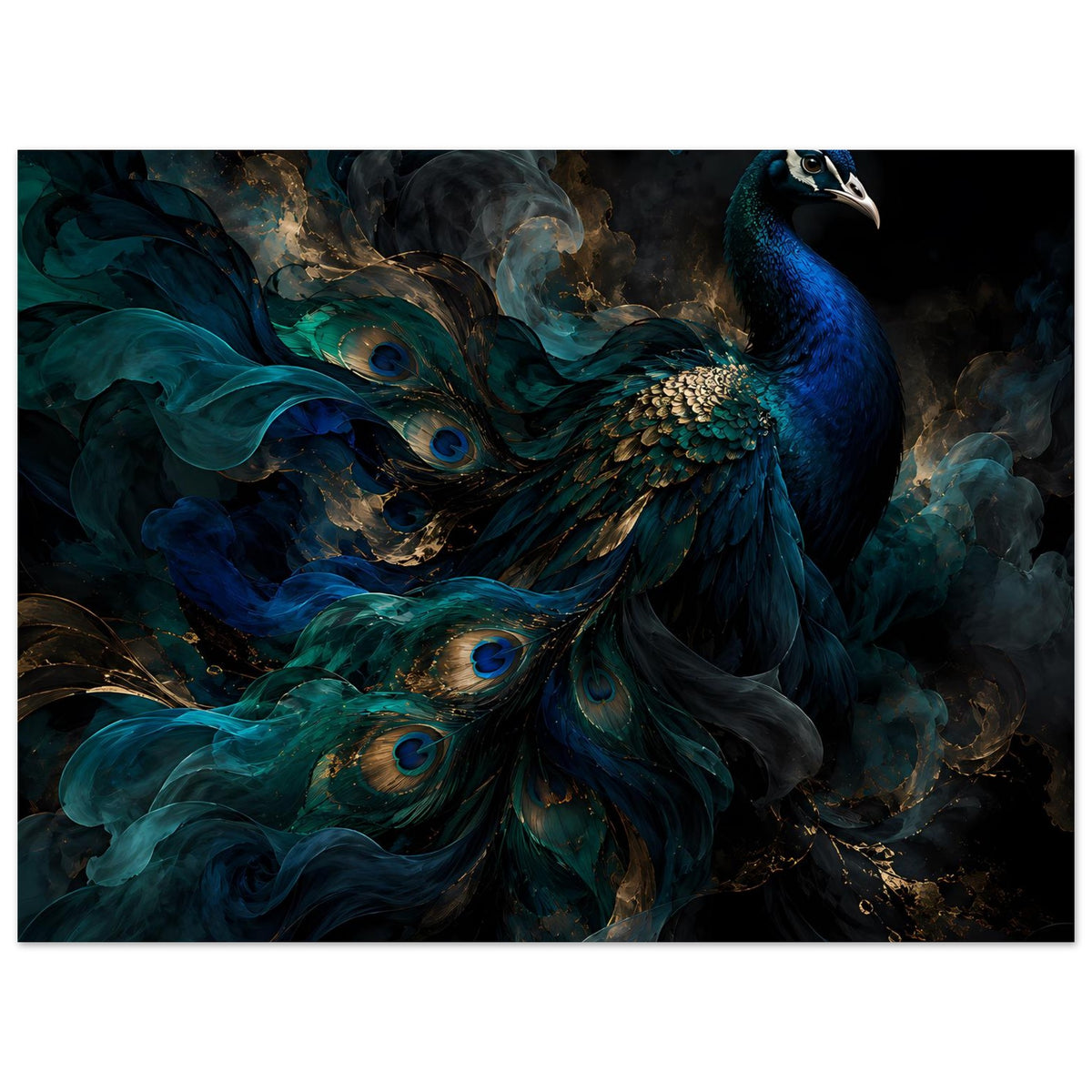 Kunstposter im Querformat mit blauem Pfau und großen, irisierenden Federaugen