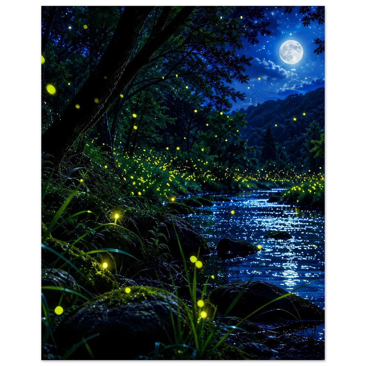 Poster: nächtlicher Fluss im Wald mit leuchtenden Glühwürmchen und hellem Vollmond