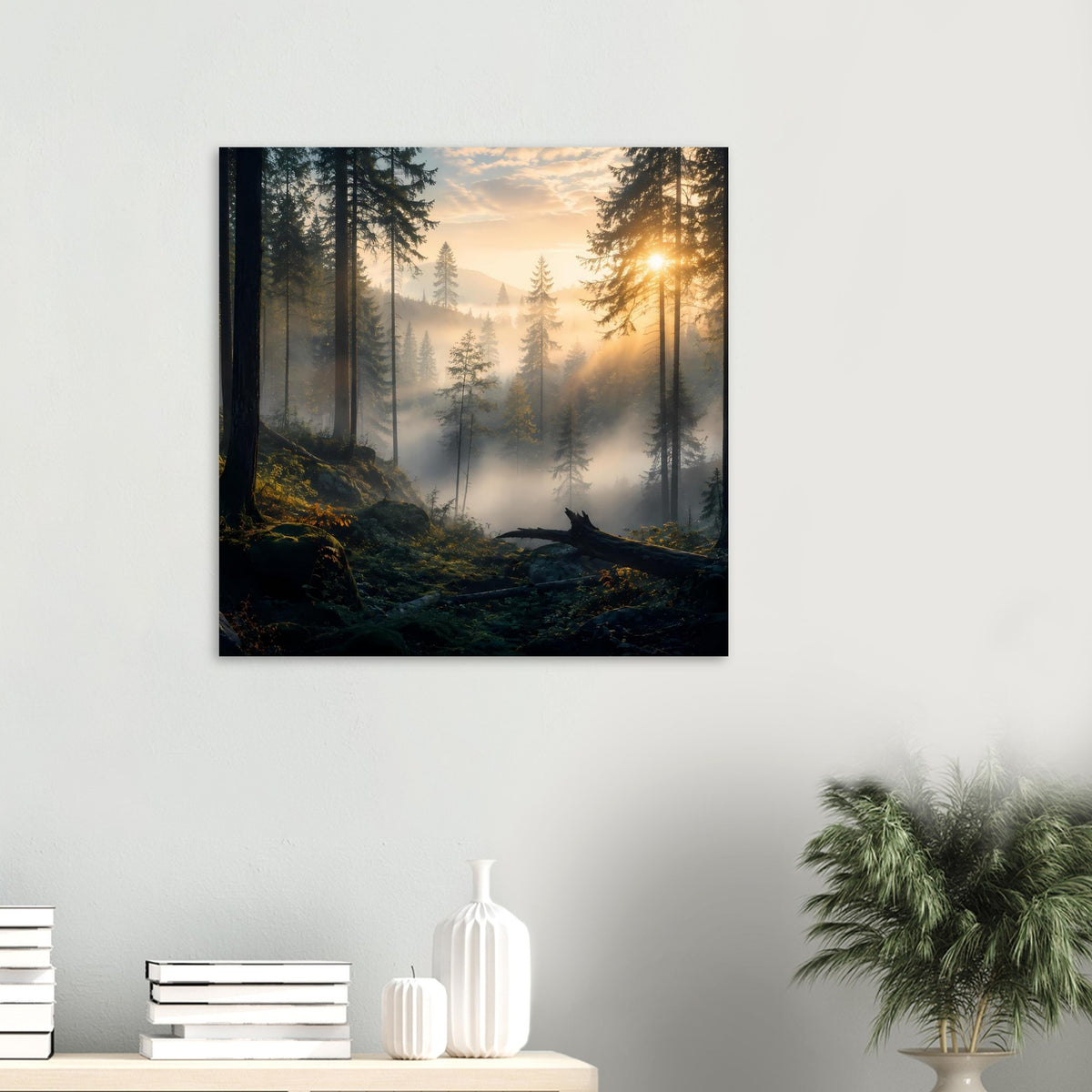 Quadratischer Kunstdruck mit Wald und Sonnenaufgang, im schwarzen Rahmen