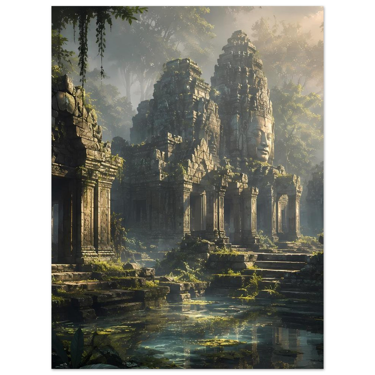 Poster mit mystischen Tempelruinen: hohe Steinmauern, Rundbögen und Lichtnebel im Hintergrund