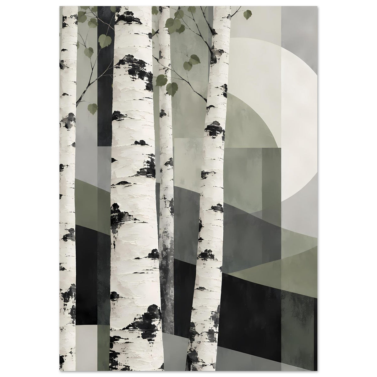 Naturposter mit abstraktem Birkenwald, weiße Stämme, schwarze Sprenkel und zarte Grünnuancen