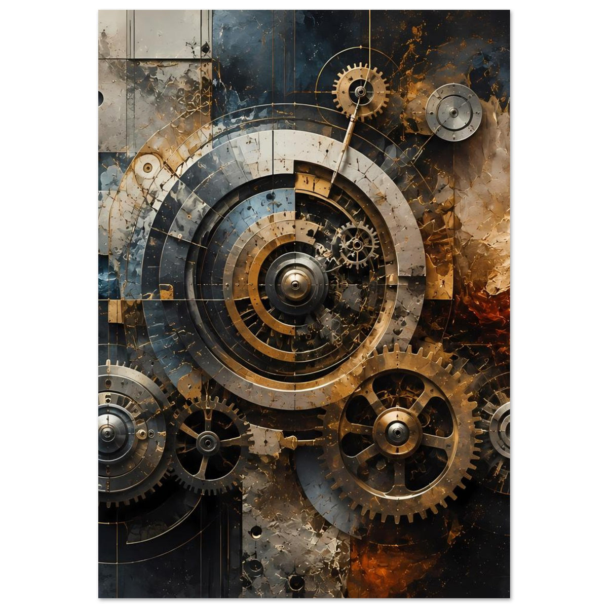 Poster mit großen Zahnrädern und Kreisskalen, Steampunk-Look, warm