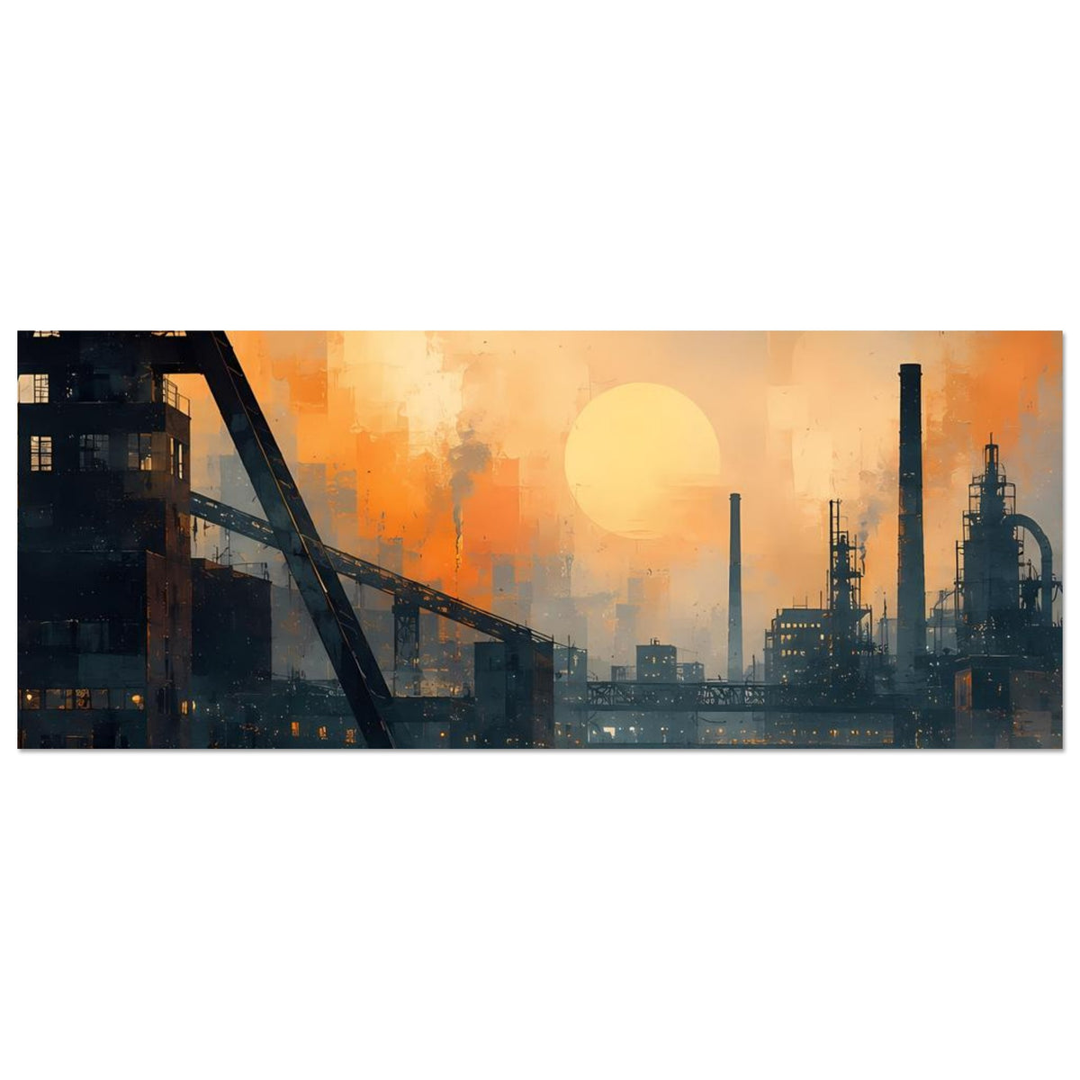 Industrie-Stadtpanorama Poster, horizontal: Brücke, orangefarbene Sonne und Fabrikschlote.