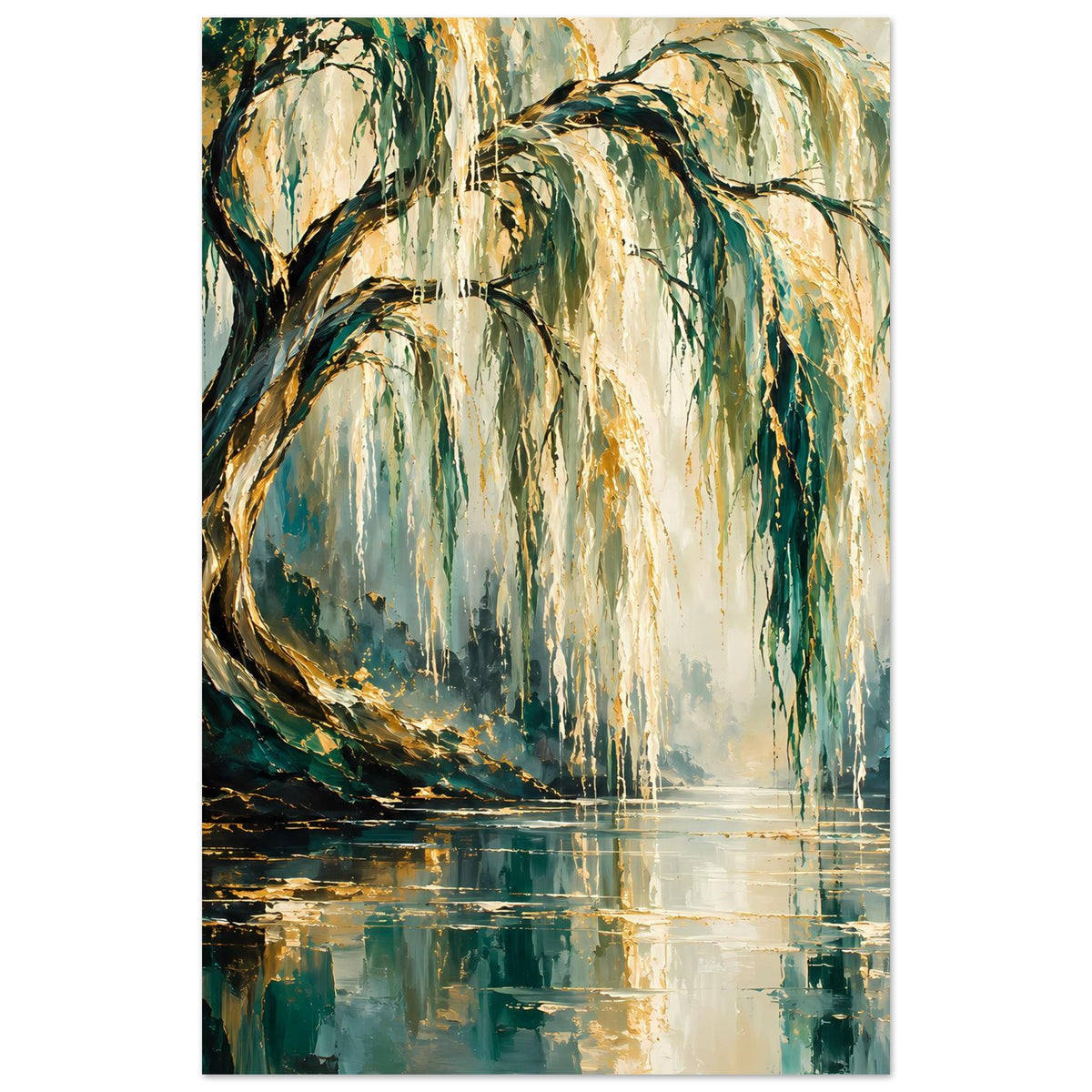 Poster mit Weidenbaum-Motiv, goldene Zweige über grünem Wasser und klarer Spiegelung.