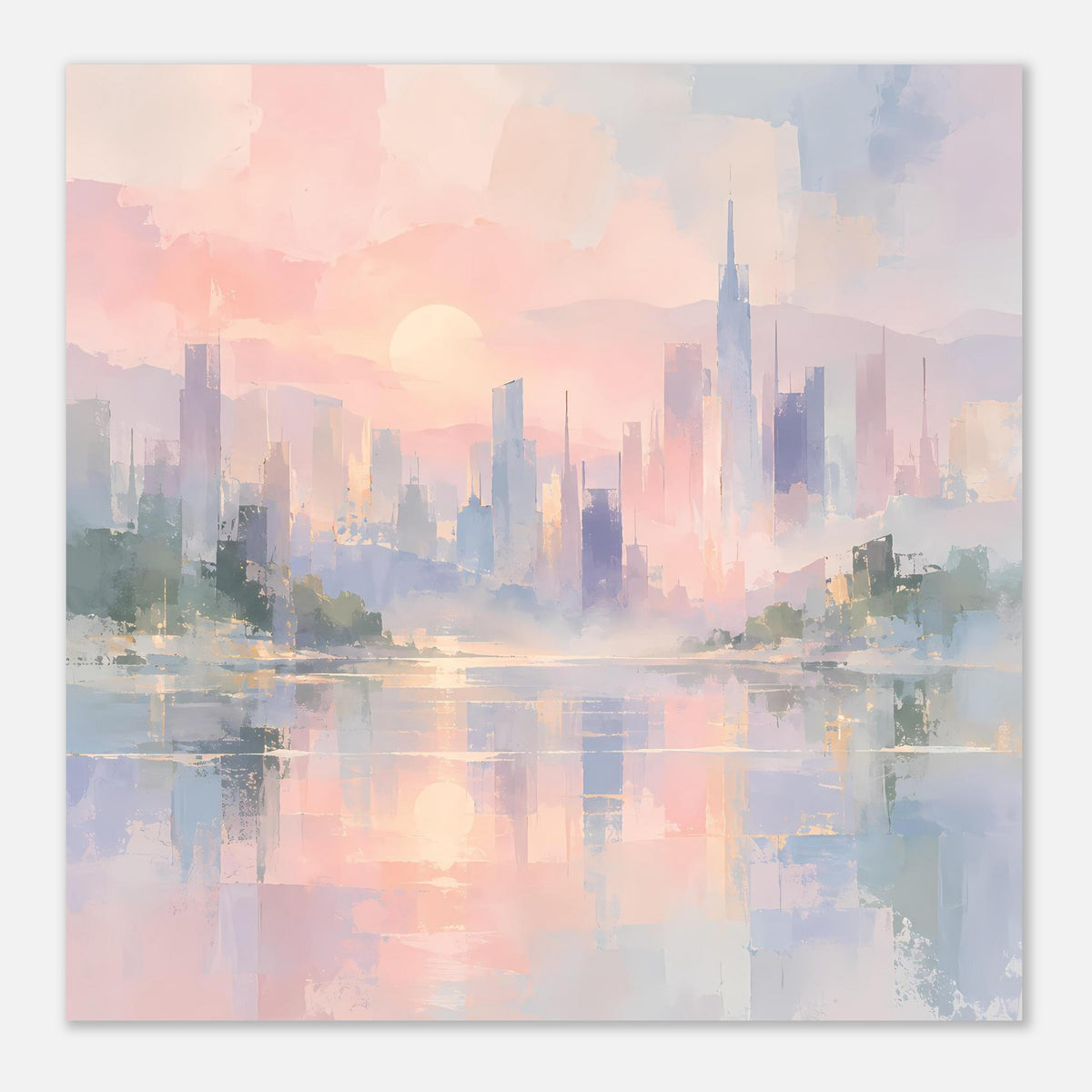 Abstraktes Poster mit Skyline in Pastelltönen, Sonnenball und Wasserreflexen, quadrat