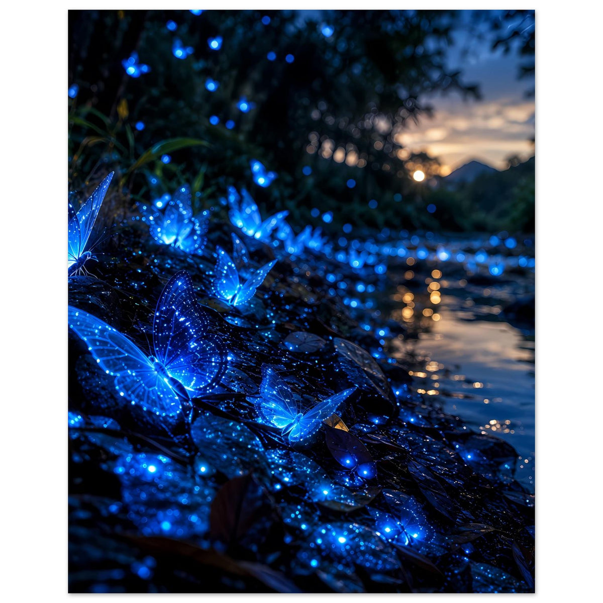 Hochformat-Poster mit leuchtenden blauen Schmetterlingen, funkelndem Licht auf dunklen Flächen