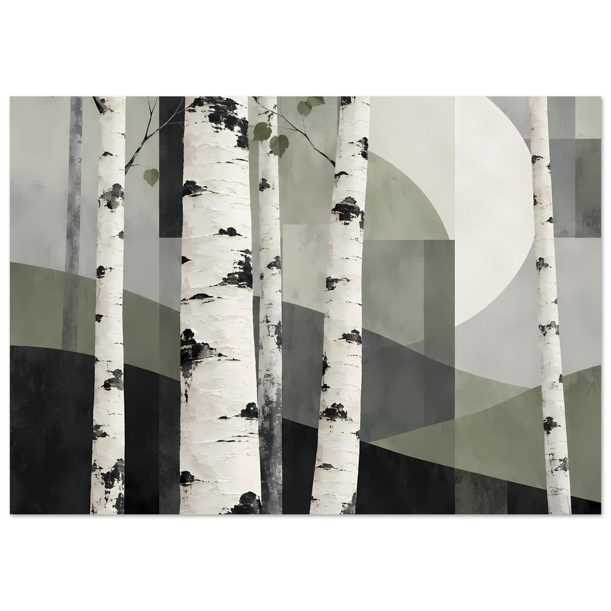 Naturposter mit abstraktem Birkenwald, weißen Stämmen und gedeckten Grün- und Erdtönen