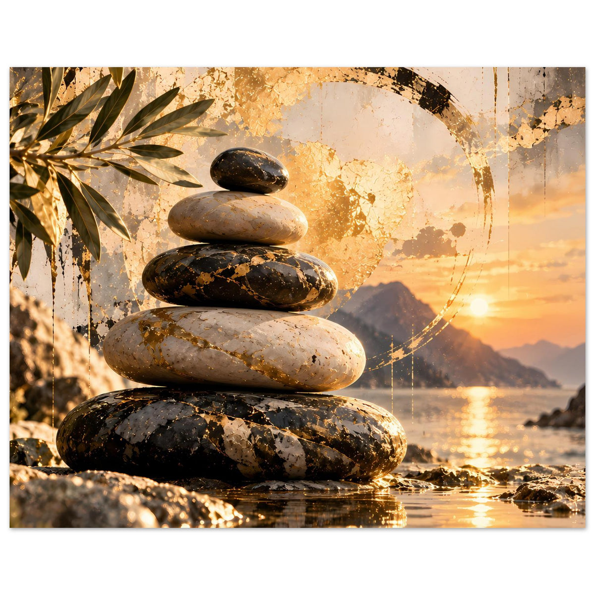 Zen-Poster: Stapel Steine vor goldener Kreisgrafik, warmes Licht über dem Wasser