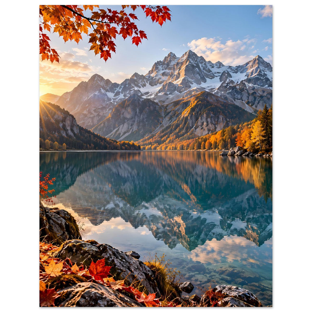 Wandposter im Quadratformat mit Sonnenstrahlen, Bergen und spiegelndem Wasser