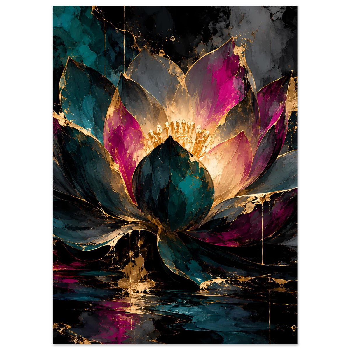 Kunstposter im Hochformat: leuchtende Lotusblüte mit türkisfarbenen und pinken Blättern