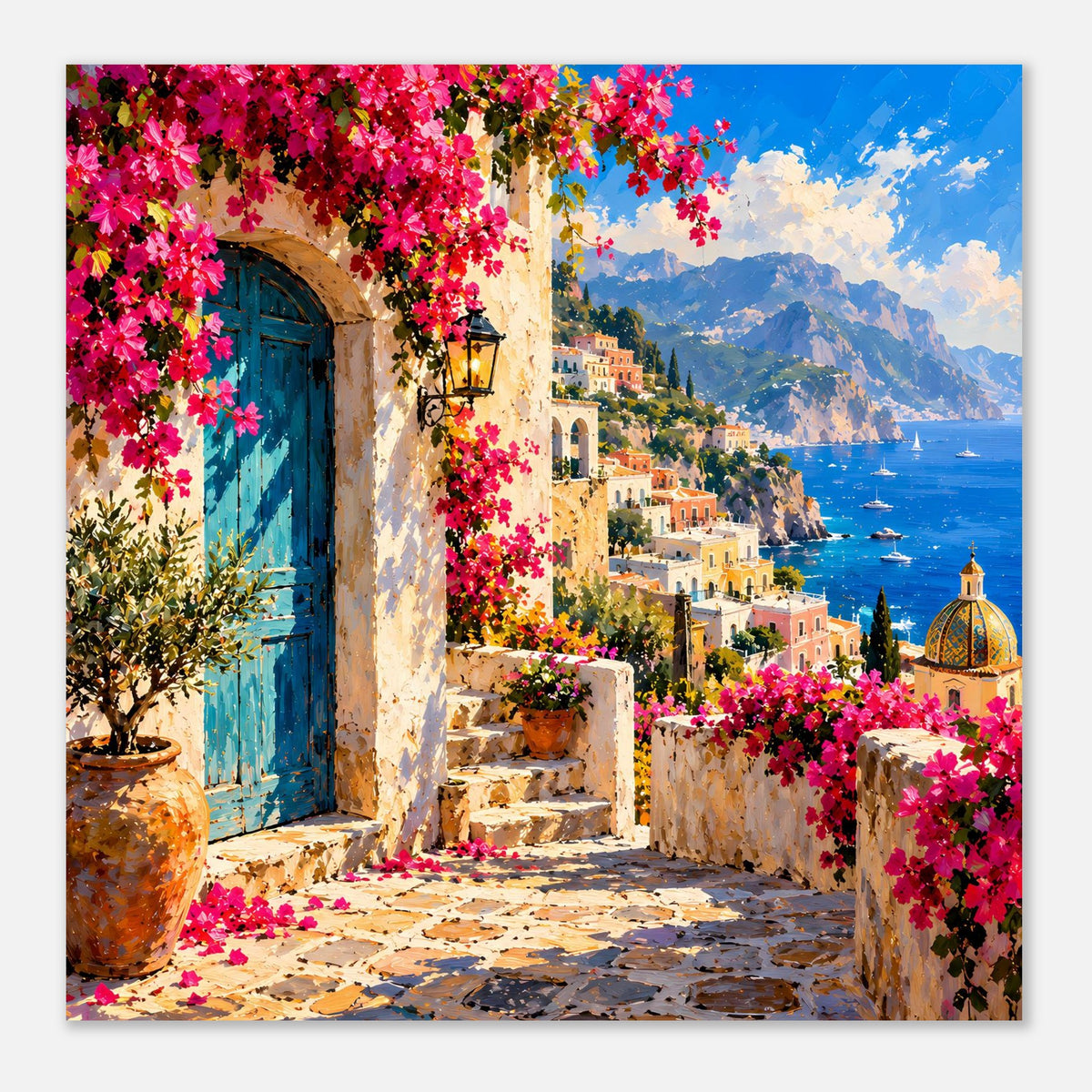 Poster im Querformat mit blauem Torbogen, pinken Blüten, Treppe und Meerblick