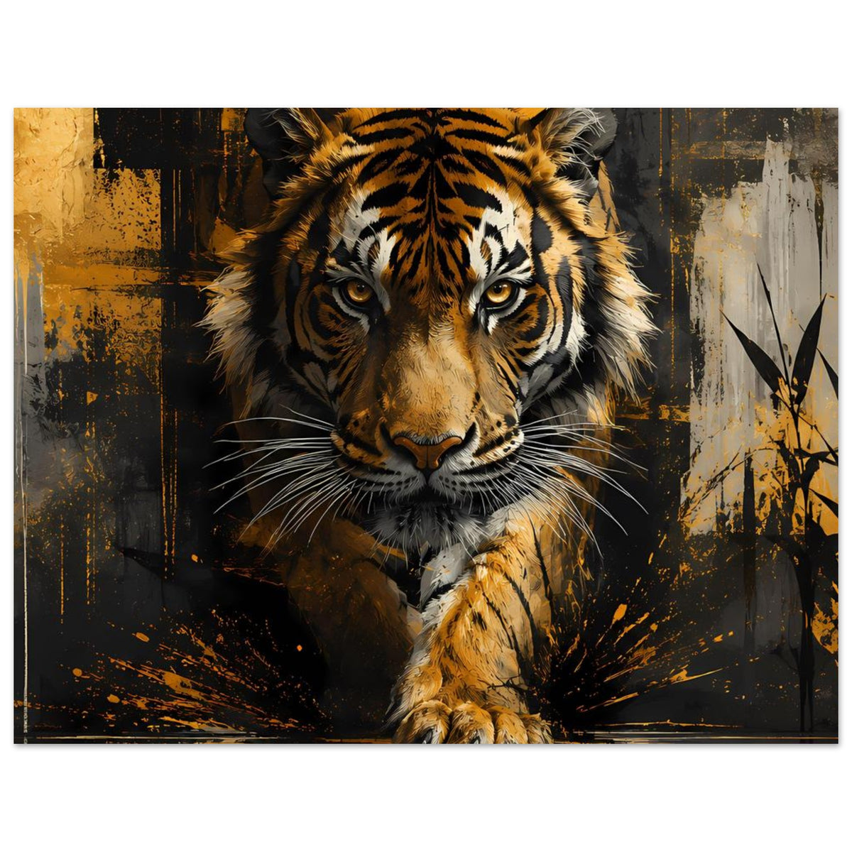 Horizontales Tiger-Poster mit goldgelbem Fell, schwarz-gelben Streifen und Gesicht zentriert