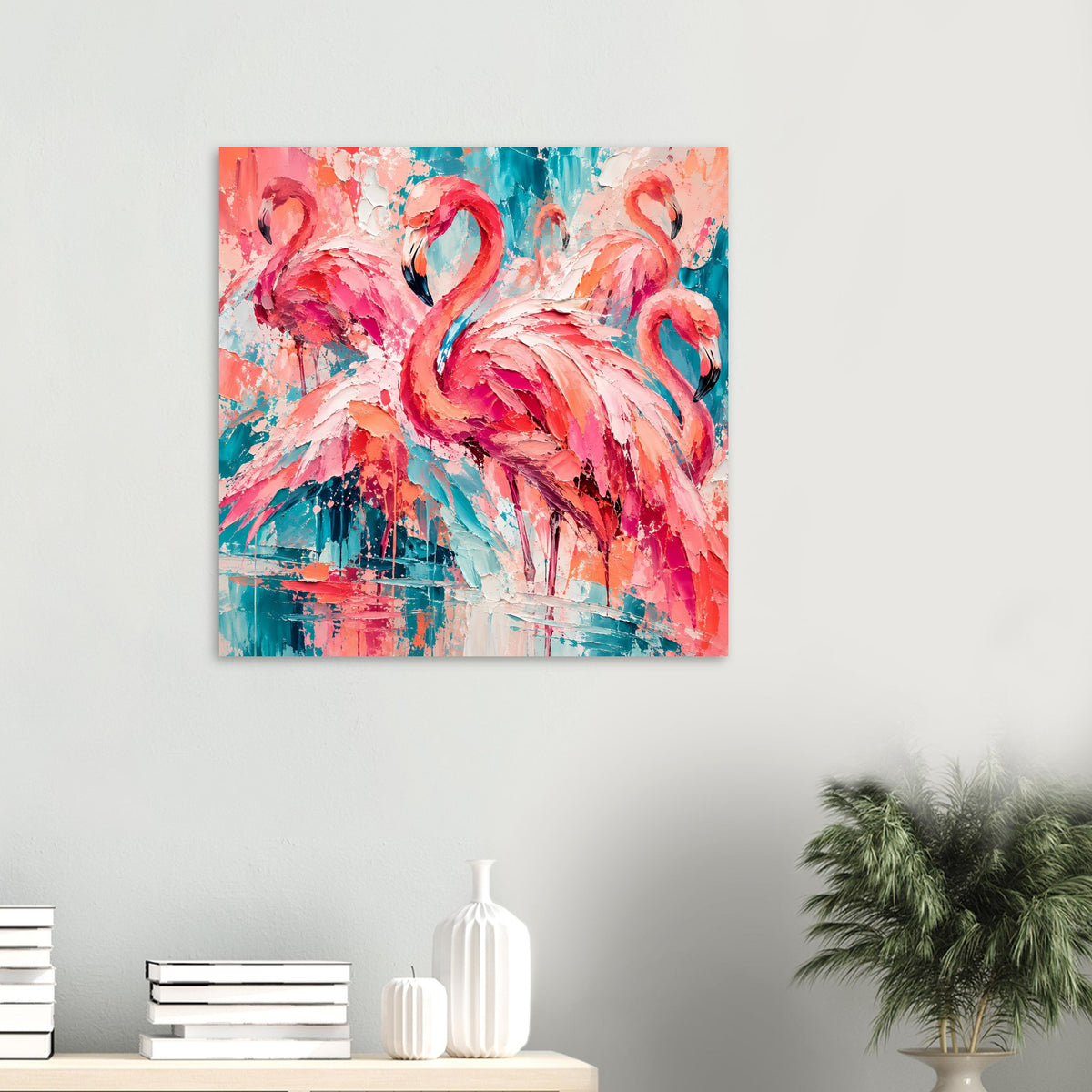 Quadratisches Flamingo-Kunstposter im Farblook aus Pink, Türkis und Weiß