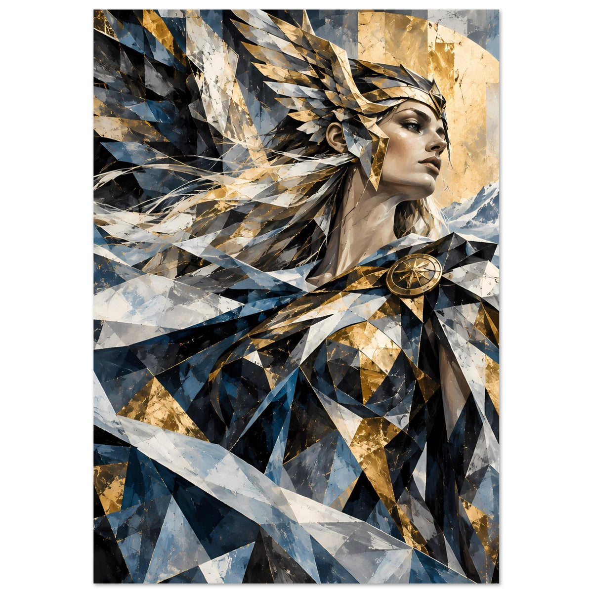 Geometrisches Poster: Kriegerin mit Federhelm und rundem Abzeichen, Blau-Gold-Design