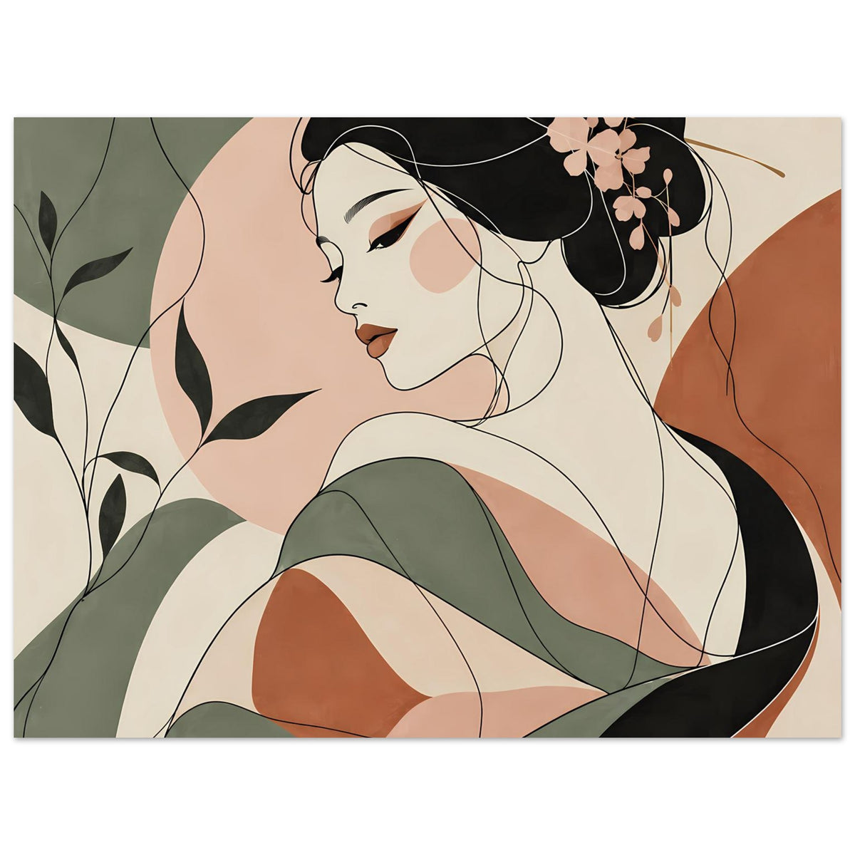 Zen-Poster: Geisha im Linienkunst-Stil, angeschnittenes Porträt von Kopf bis Schulter, grün-brauner Kimono.