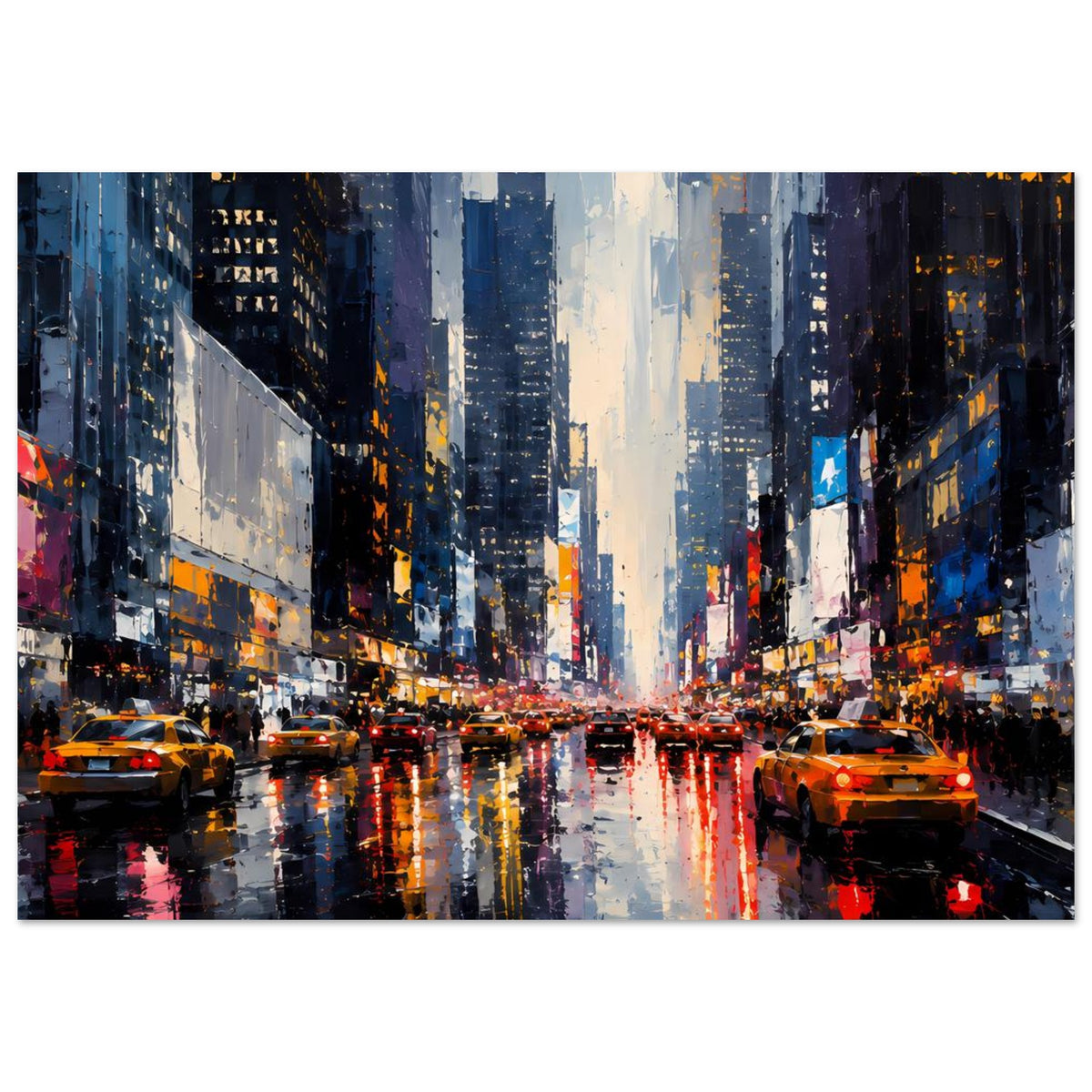 Stadtposter im Querformat mit nasser Straße, Lichtreflexen und Hochhäusern