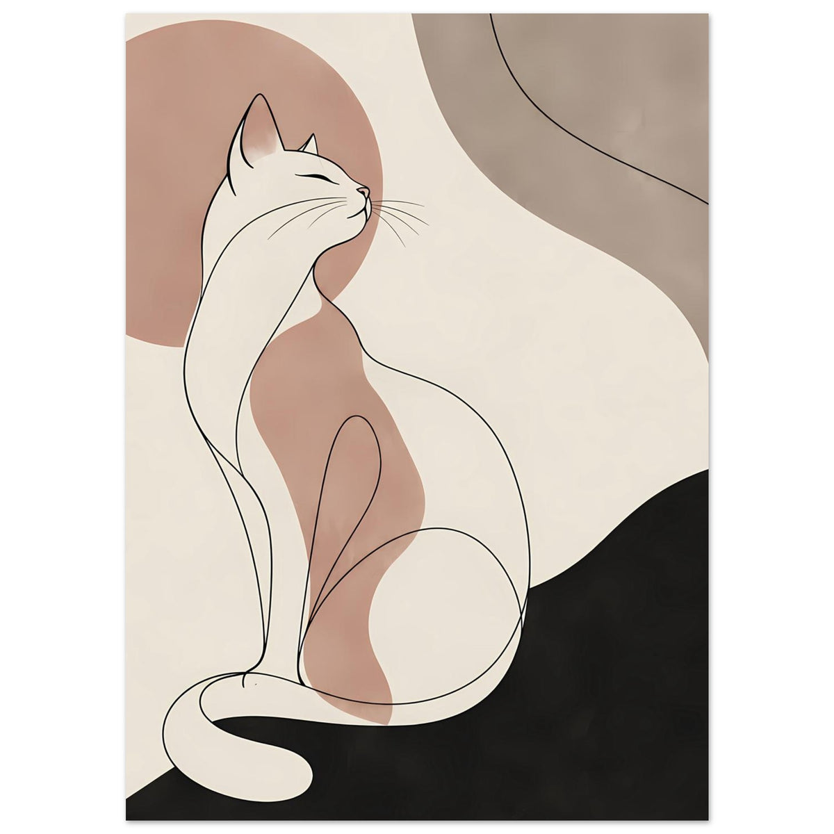 Poster mit minimalistischer Katze in Creme und Rosa, schwarze Schattenform im unteren Bereich