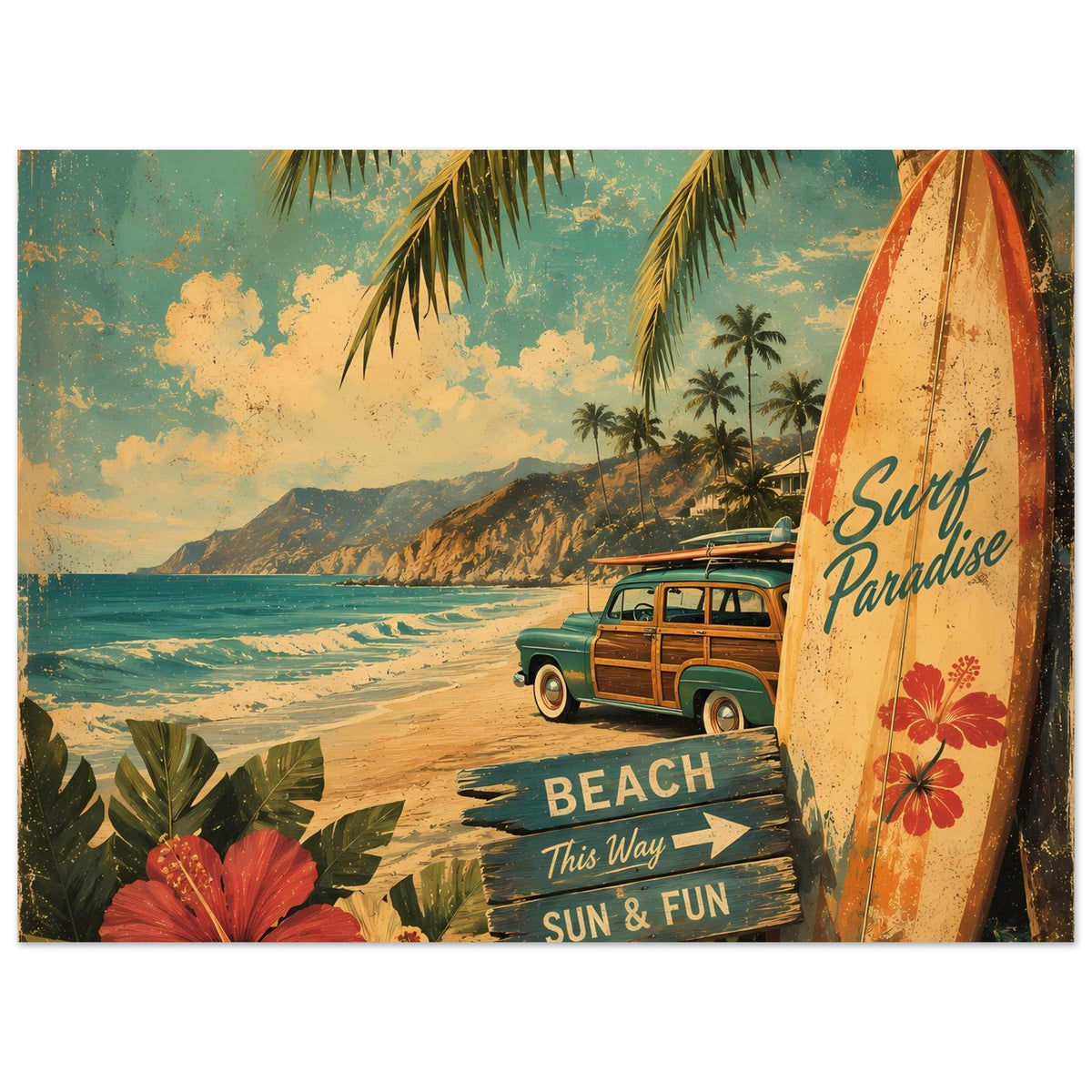 Vintage Beach-Poster mit Surfbrett im Bild: „Surf Paradise“ sowie „BEACH“ und Pfeile