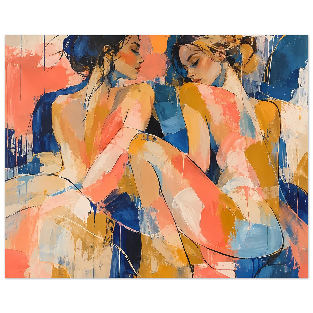Abstraktes Kunstposter mit zwei Frauenfiguren, kräftige Blau- und Korallfarbtöne, Querformat