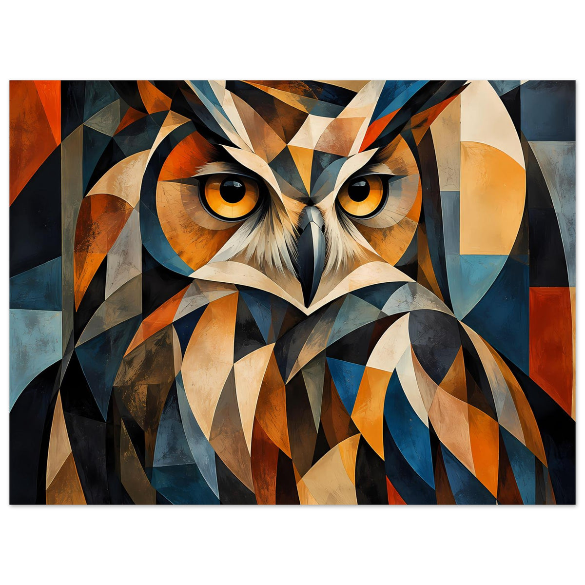 Geometrisches Eulenposter, Vogelgesicht mittig, mehrfarbige geometrische Formen