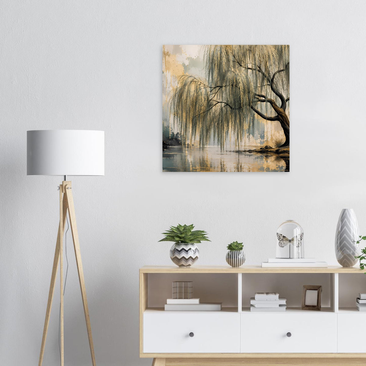Quadratisches Wandposter mit Weidenbaum und ruhigem Wasser, goldene und blaue Farben