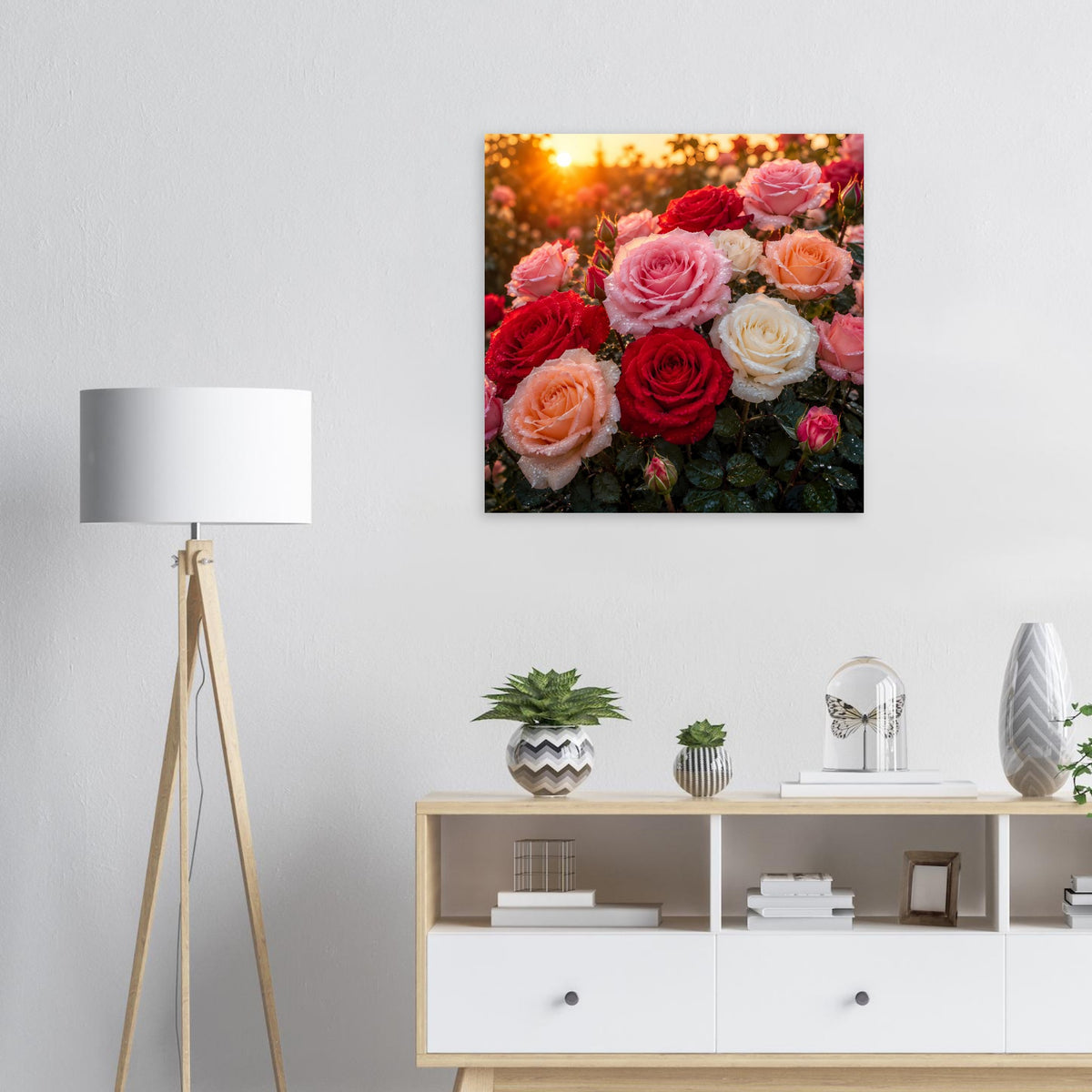 Quadratisches Rosenposter mit schwarzem Rand und buntem Blumenstrauß im warmen Licht