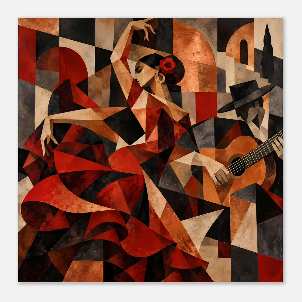 Nahansicht Kunstposter: Flamenco-Figur mit Gitarre, geometrische Farbflächen in Rot/Beige