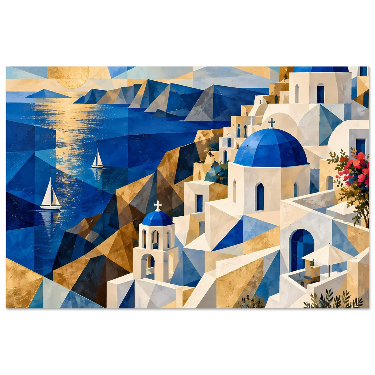 Geometrisches Poster: Küstenlandschaft mit blauem Meer, Segelbooten und weißen Kuppeln