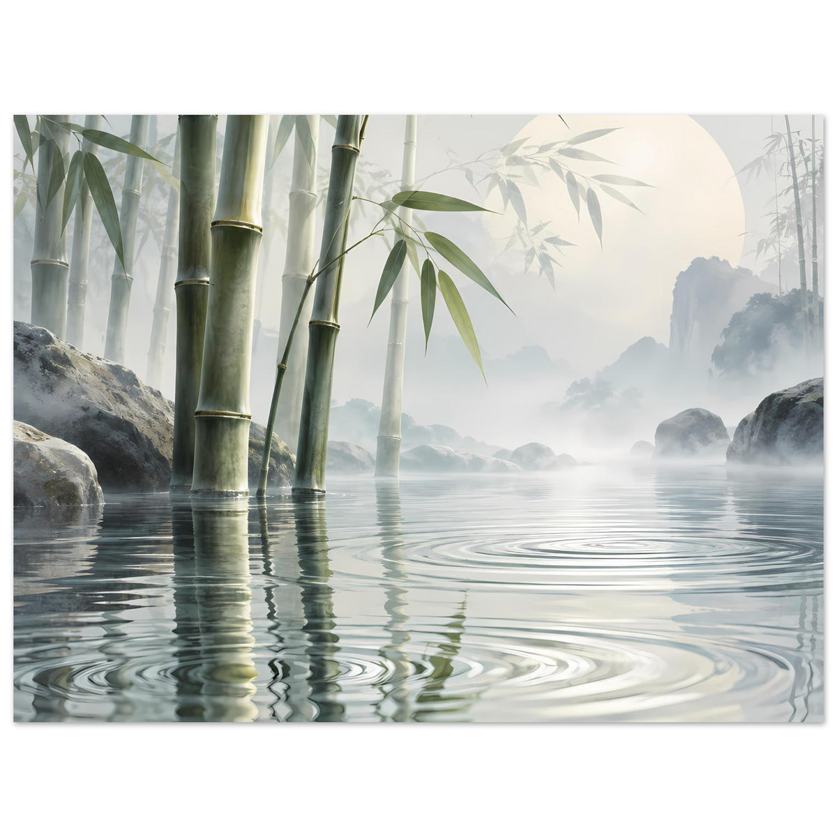 Poster im Querformat mit Bambusrohren und Spiegelungen im Wasser vor Felsen