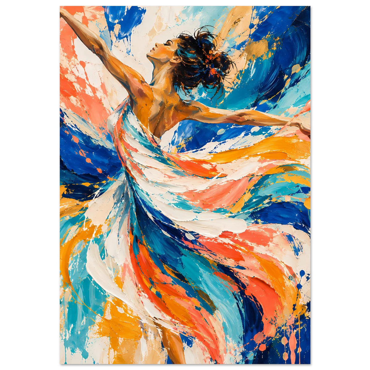Tanzposter mit abstrakter Tänzerin, Farbflächen in Blau, Orange und Creme, starke Kontraste