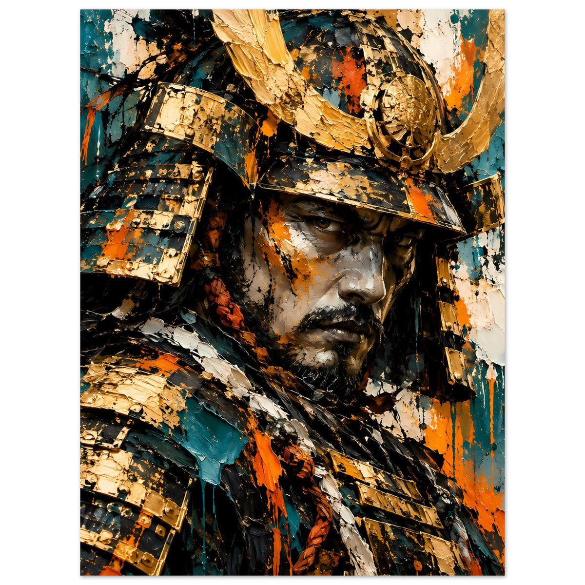 Samurai-Krieger Poster, vertikales Porträt mit Gesicht, goldenen Platten und Teal-Akzenten