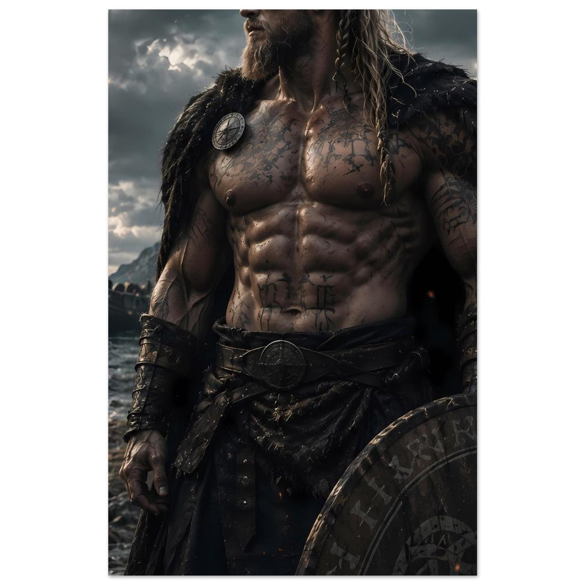 Fantasy-Poster: Wikingerkrieger mit Schild, bärtig, tätowierte Brust, Fellmantel
