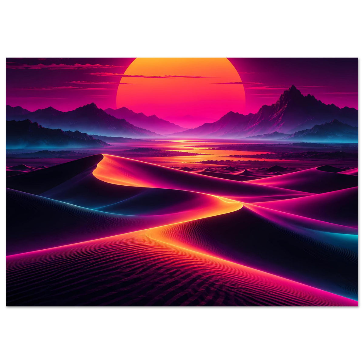 Neon-Sonnenuntergangs-Poster (Ausschnitt): großer Sonnenbogen, Wüstenhügel und leuchtende Trassen
