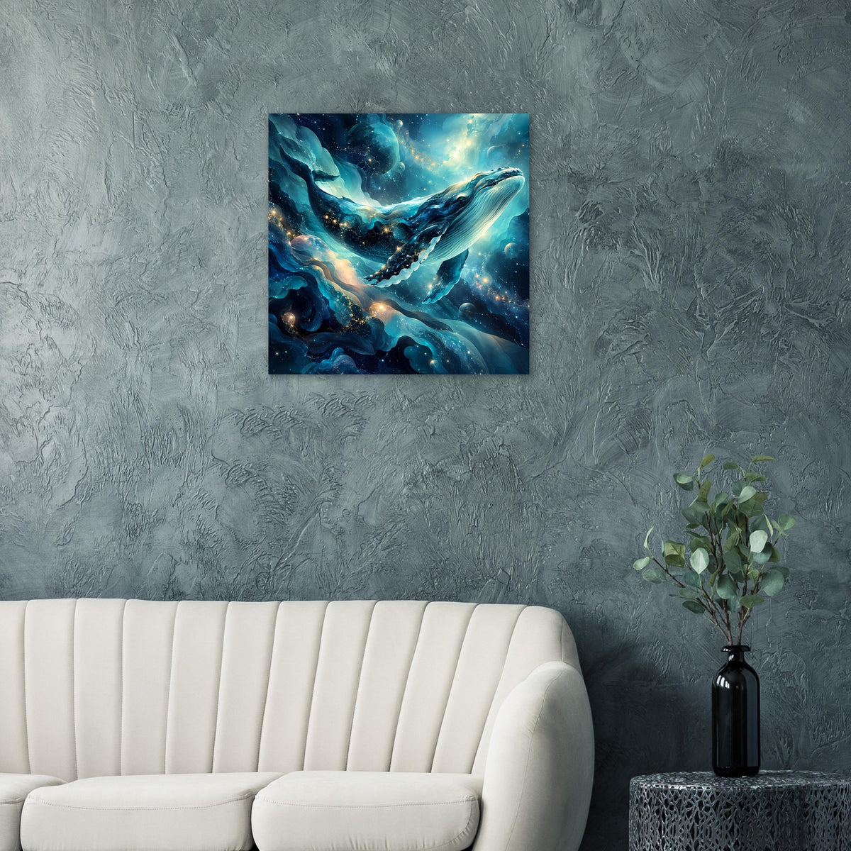 Quadratisches Poster mit blauem Wal-Motiv im Sternenmeer, leuchtend-goldene Details