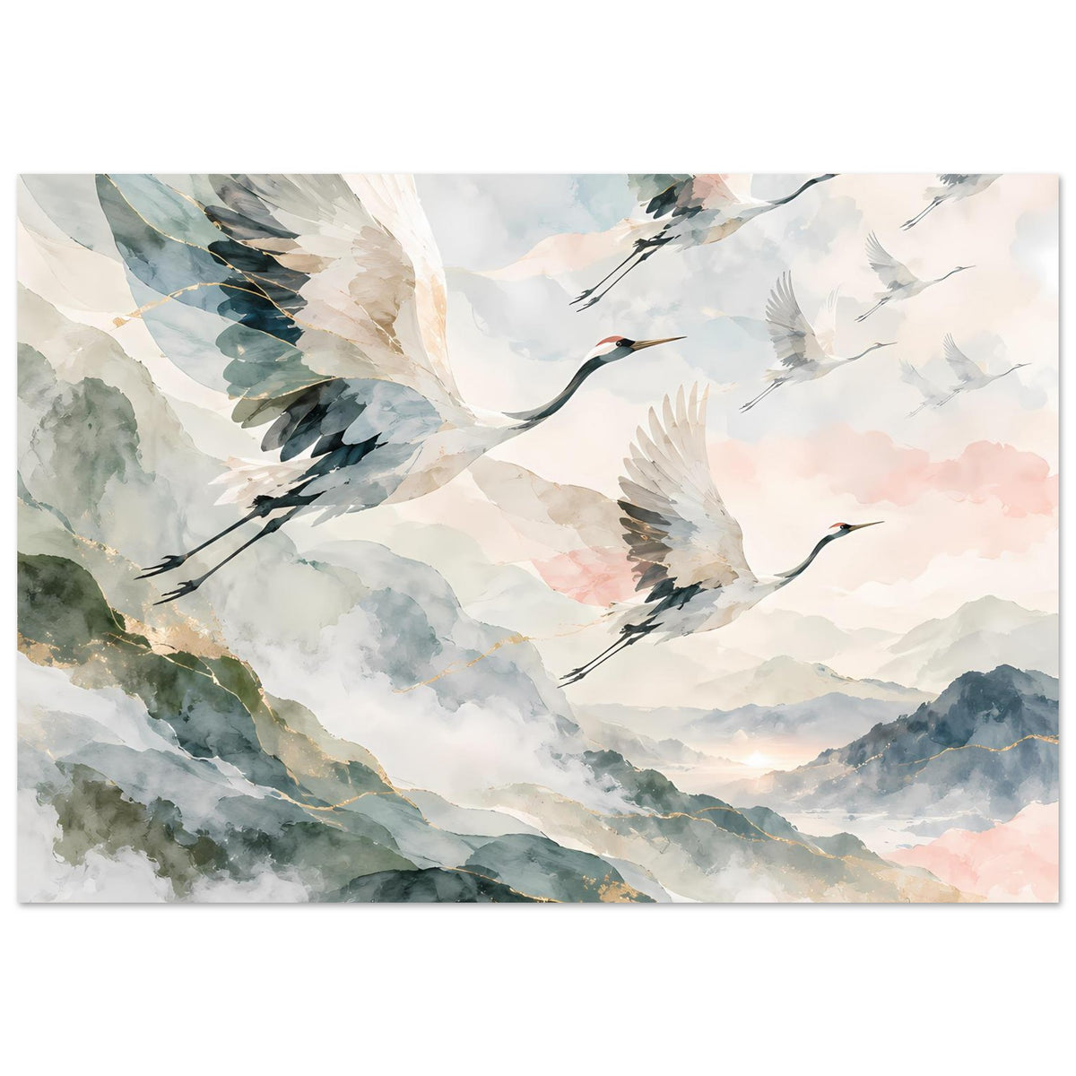 Poster im Querformat mit Kranichen, Aquarellwolken, Bergen und dezente Goldlinie