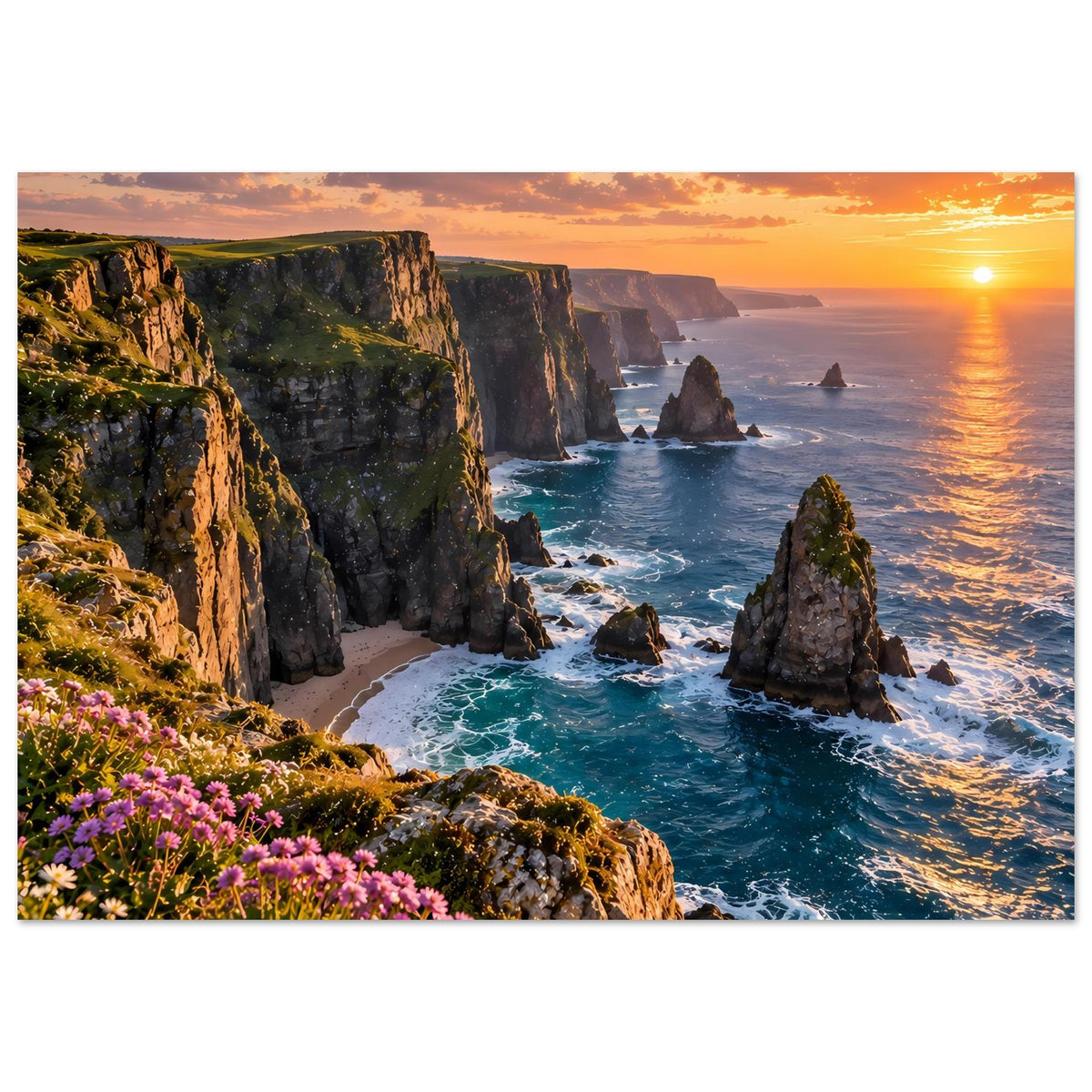 Poster mit Felsenküste, türkisblauem Meer, Sonnenuntergang und pinken Blumen im Vordergrund