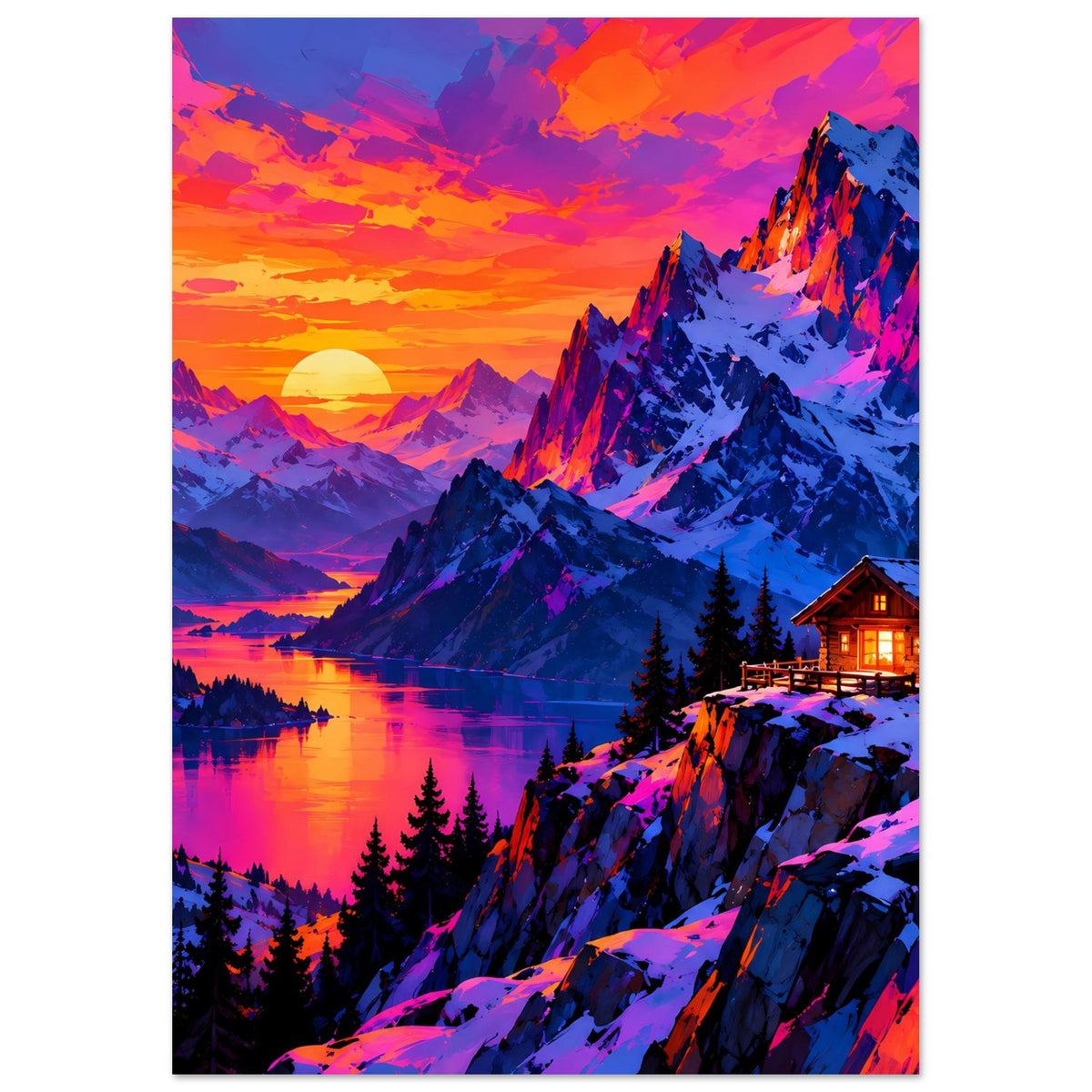 Hochformat Poster: schneebedeckte Berggipfel, Abendhimmel, See-Reflexion und Holzhaus