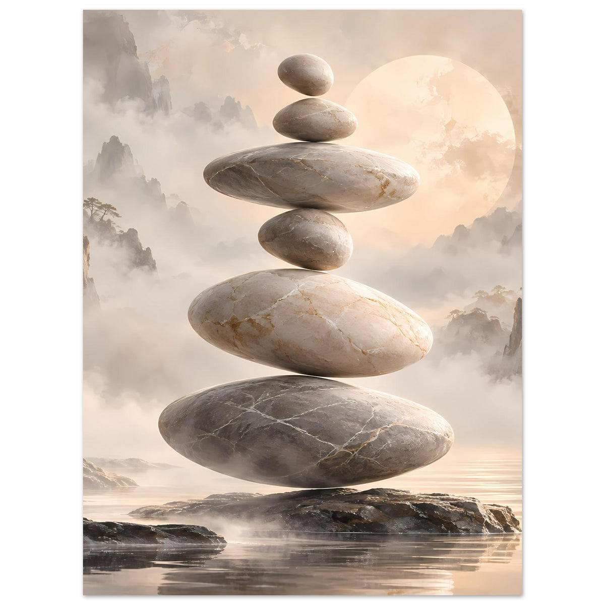 Zen-Steine in Balance vor nebligem Hintergrund in sanften Beige- und Grautönen – Posteransicht 10
