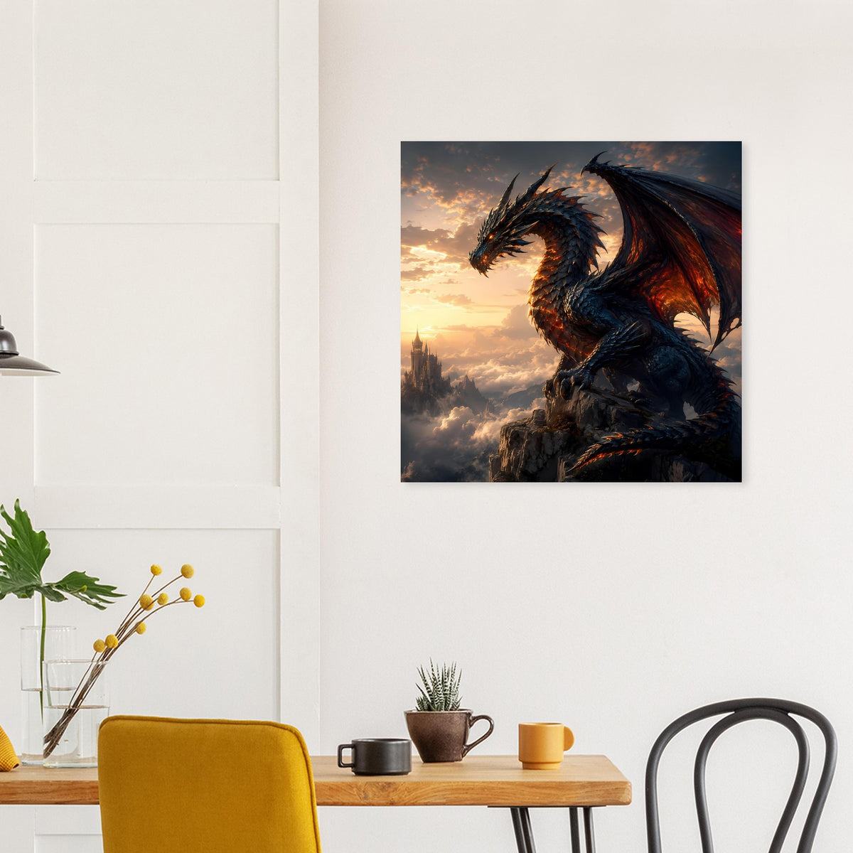 Drachenfantasy-Poster: dunkelblauer Drache aufrecht mit Flügeln über einer Stadtlandschaft