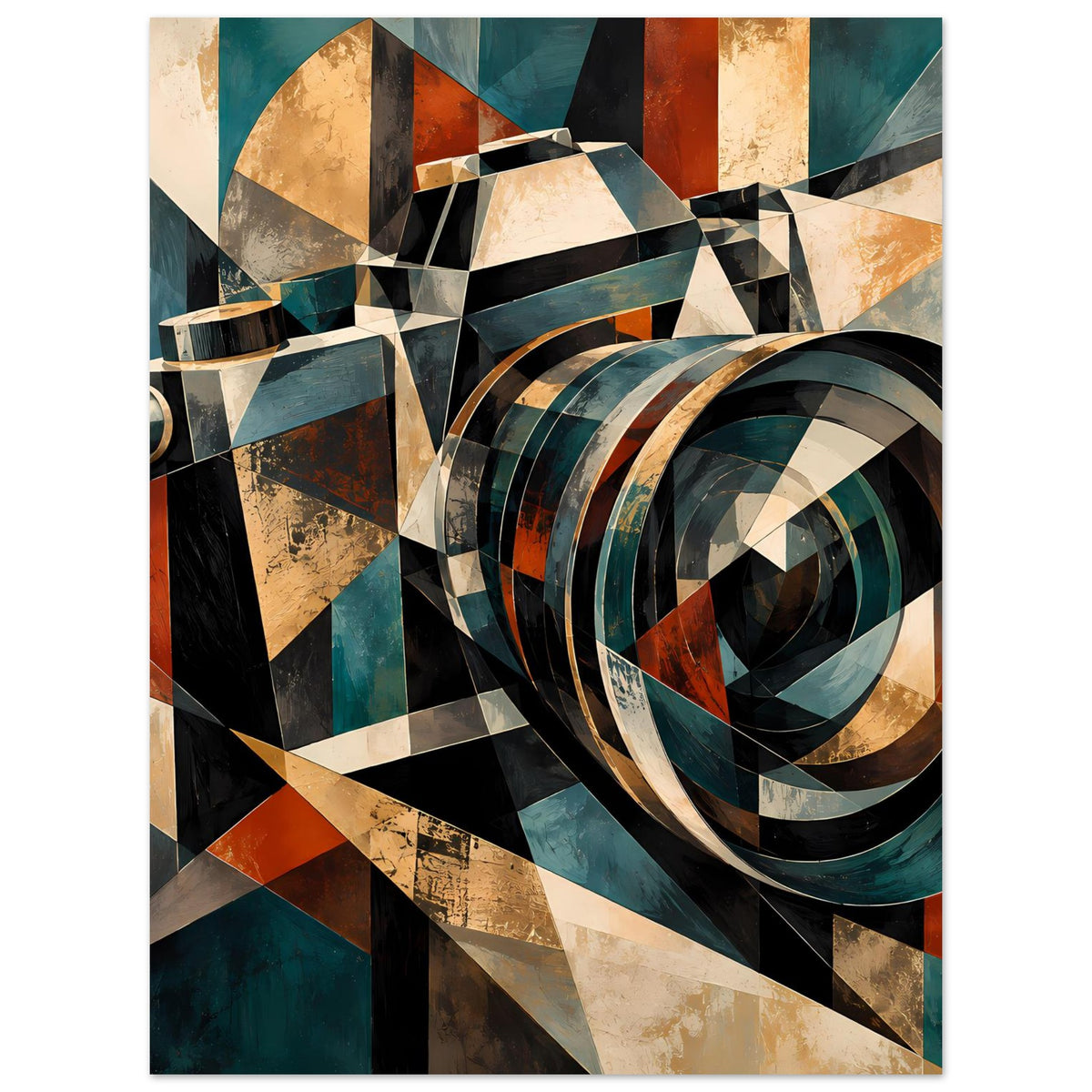 Geometrisches Retro-Kamera-Poster, Nahansicht mit Kreisring-Design in Petrol und Rostorange