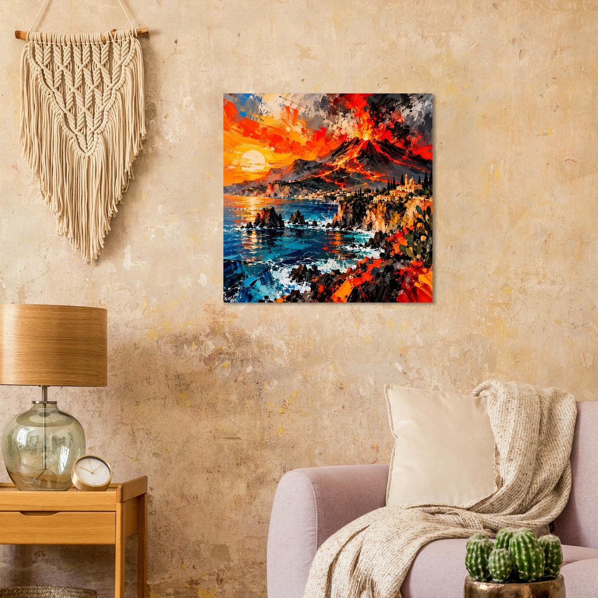 Quadratisches Wandposter mit Vulkaneruption: orange-rote Explosion, Rauch und blaues Ufer