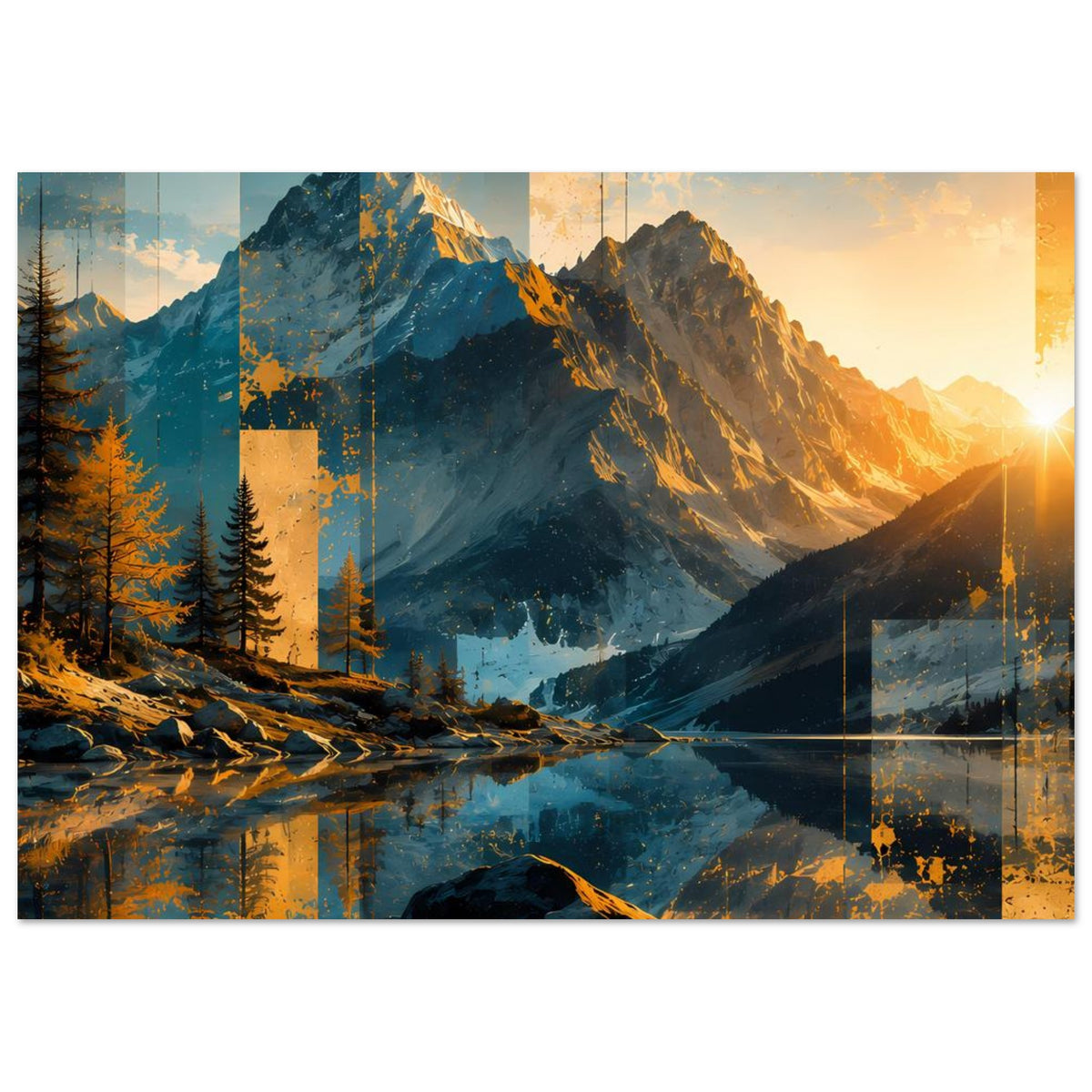 Horizontales Poster mit Bergpanorama: Sonnenaufgang, felsige Ufer, Nadelbäume, blau-gold